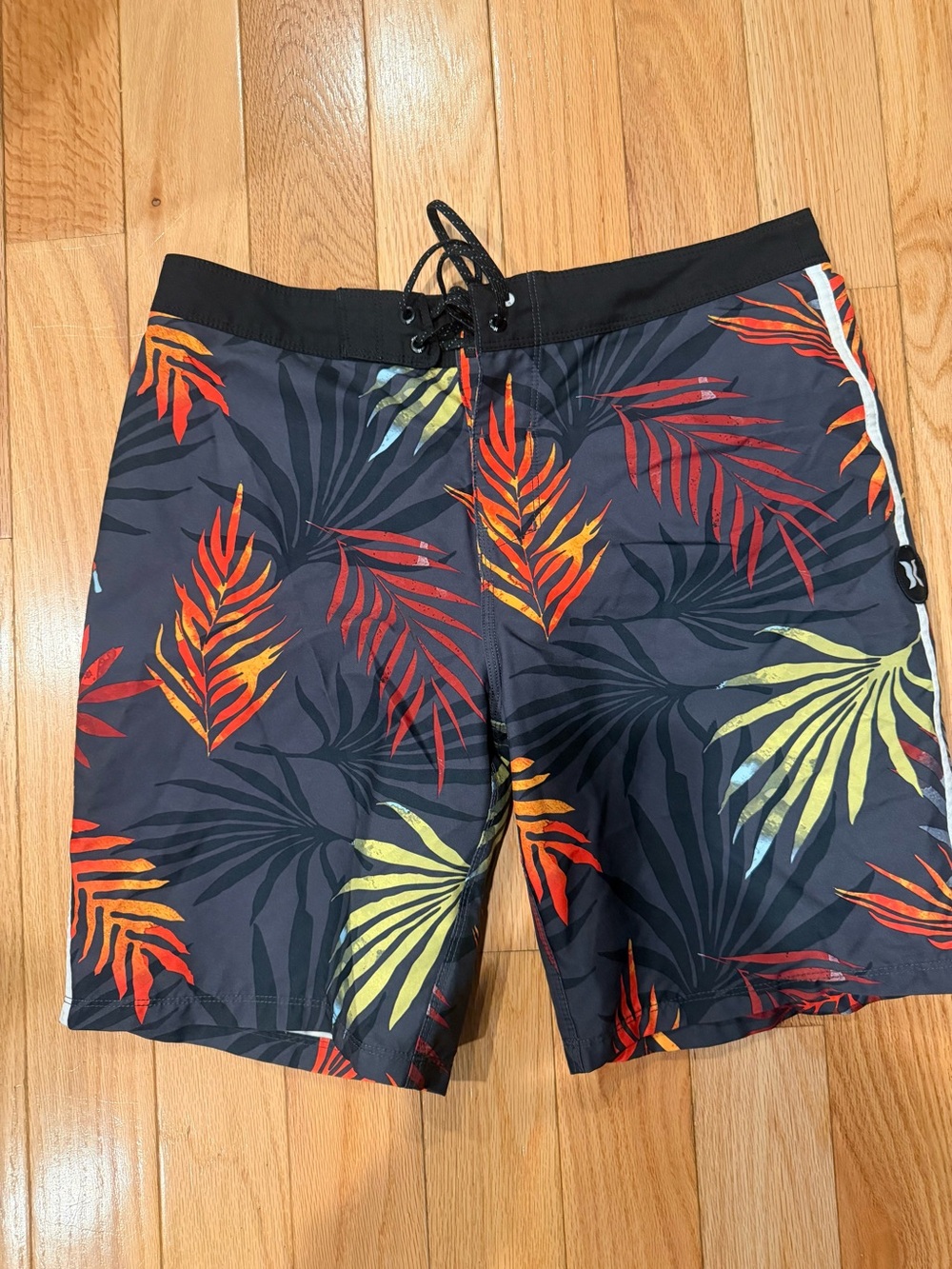 Hurley Black Swim Board Shorts with Red & Yellow Leaf Print